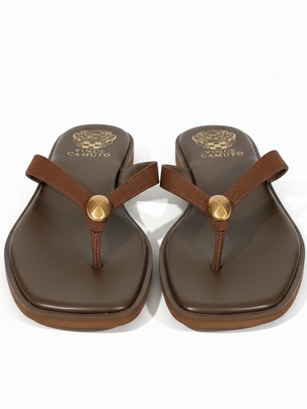 New Vince Camuto Naylee Minimalist Brown Sandals with Gold Accent 9